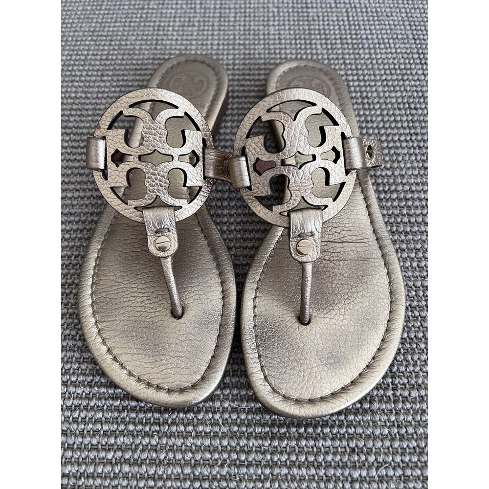 EUC Tory Burch Miller Sandals Flat Slides Flip Flops Gold Pebbled Leather 7 37 M